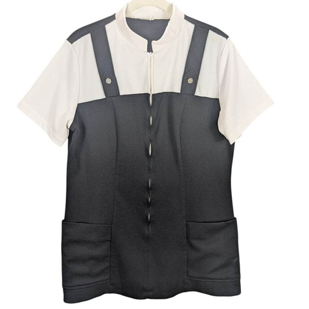 Vintaage Shirt Womens Medium Black White Short Sleeve Zip Patch Pockets 1970s